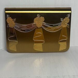 Vintage Gold Tone WADSWORTH Compact Engraved Pink Flowers, Bows